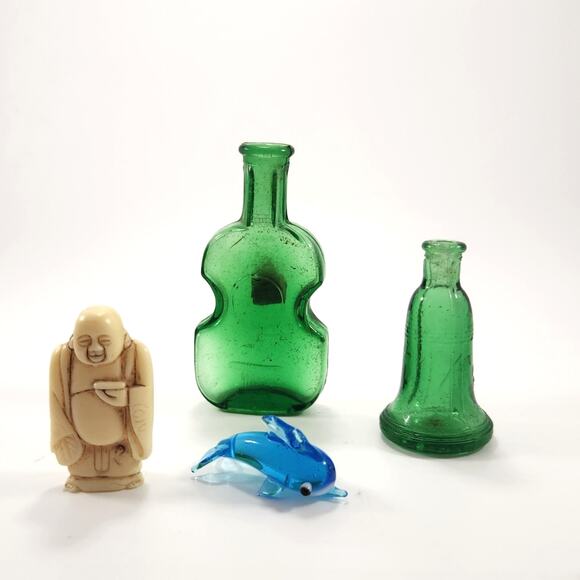 Vintage Miniature Collectible Lot – Green Glass Bottles, Buddha, Glass Dolphin - Picture 2 of 10